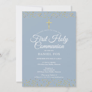 Invitation Poussière d'or Première Sainte Communion Bleu Pous