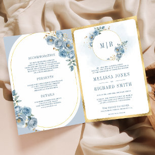 Invitation Poussière Douce Bleue Florale Or Tout en Une Seule