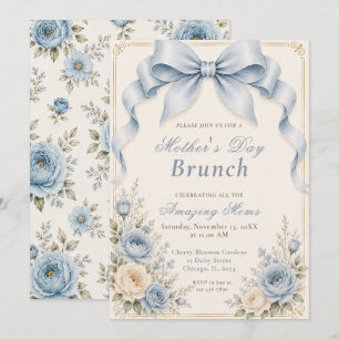 Invitation Poussière Florale Bleu Coquette Bow Brunch de la F