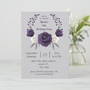 Invitation poussoir pourpre et blanc fleurs wreath gris anniv