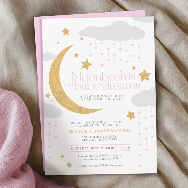 Invitation Poutres de lune et baby shower rose bébé rêves (Créateur téléchargé)