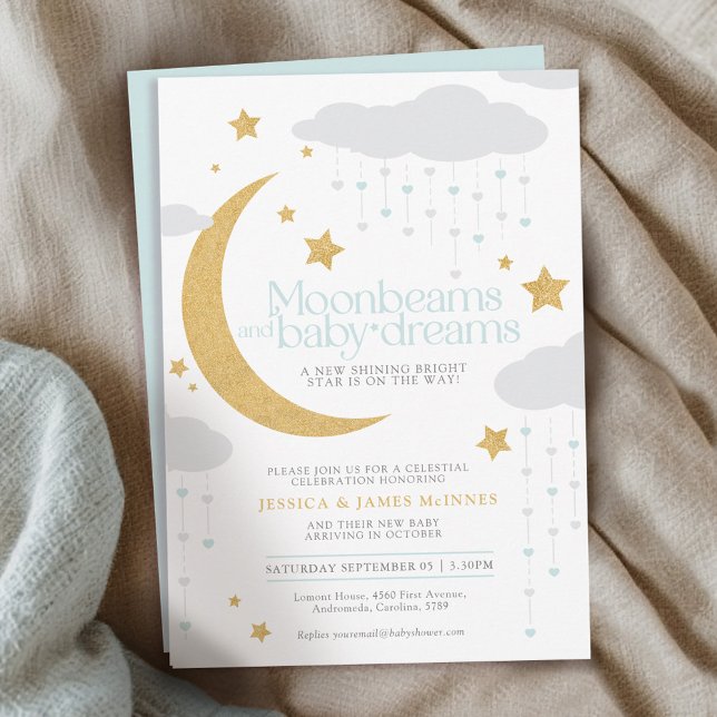 Invitation Poutres de lune et rêves de bébé baby shower bleu (Créateur téléchargé)