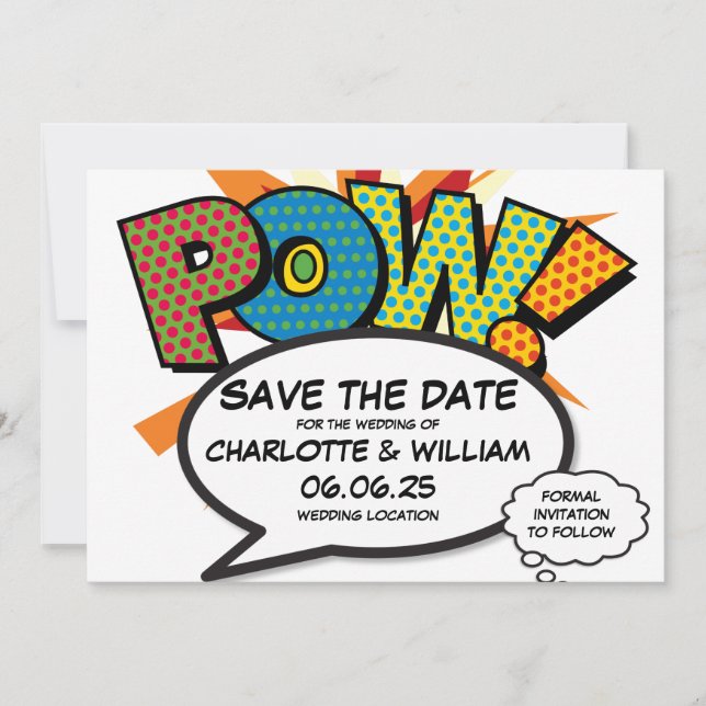 Invitation POW Enregistrer la date Fun Retro Comic Book Pop A (Devant)