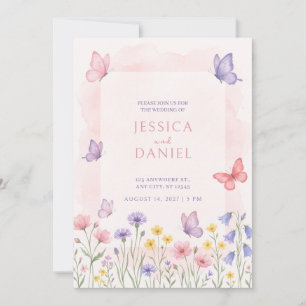 Invitation Prairie de fleurs sauvages papillon rose