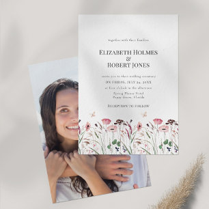 Invitation Prairie de Pavots Roses avec Couple Photo Mariage