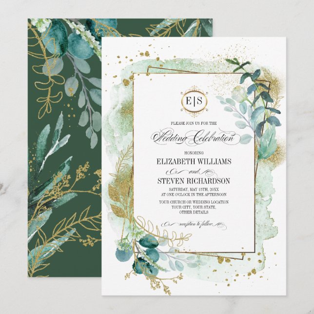 Invitation prairie sauvage | Mariage végétal vert géométrique (Devant / Derrière)