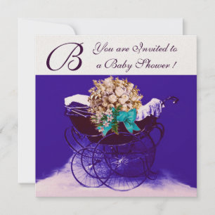 Invitation PRAM vintage AVEC BABY SHOWER FLEURS MONOGRAM