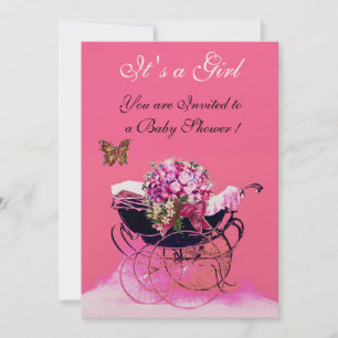 Invitation PRAM vintage AVEC FLEURS, BABY SHOWER BUTTERFLIERS