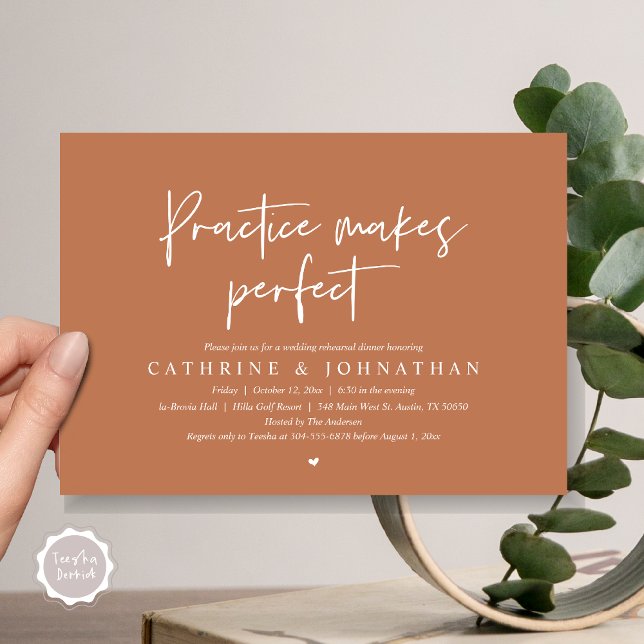 Invitation Pratique rend parfait, Dîner de répétition Mariage (Practice Makes Perfect, Wedding Rehearsal Dinner Invitation Card, PDF, Modern Casual, Copper Rust)