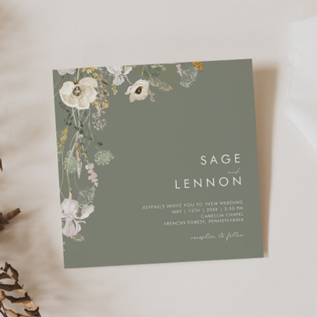 Invitation Pré Fleur sauvage lunaire | Carré vert Sage (Créateur téléchargé)