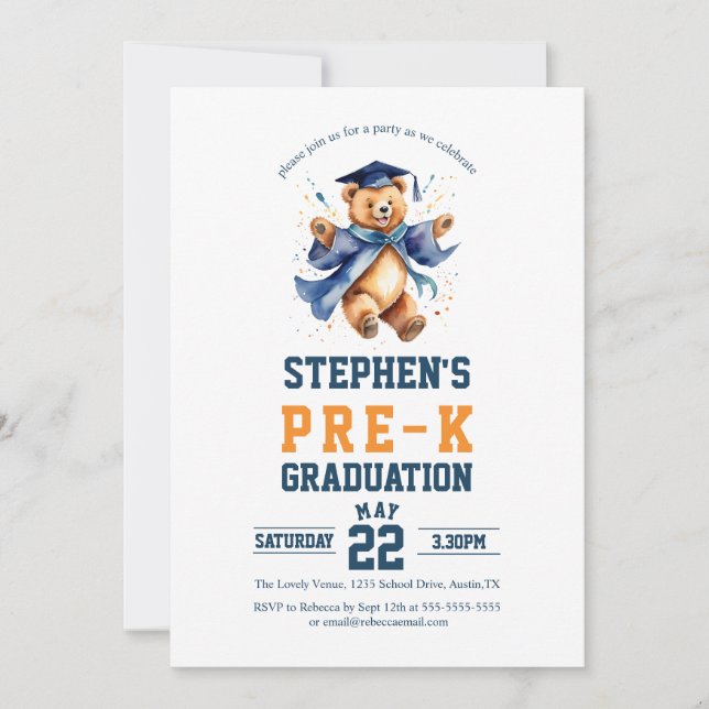 Invitation Pré-K Graduation Party mignonne ours en peluche (Devant)