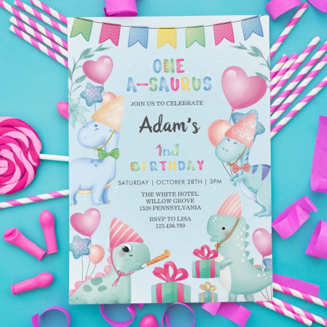 Invitation Premier 1er anniversaire aquarelle Dinosaure, bleu (Créateur téléchargé)