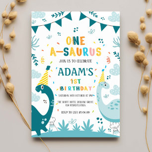 Invitation Premier 1er anniversaire Dinosaure vert foncé et c