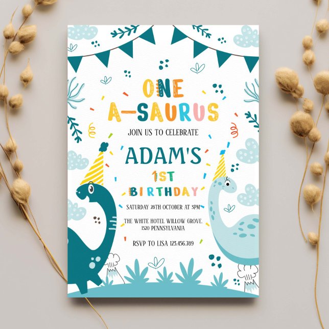 Invitation Premier 1er anniversaire dinosaure vert foncé et c (Créateur téléchargé)
