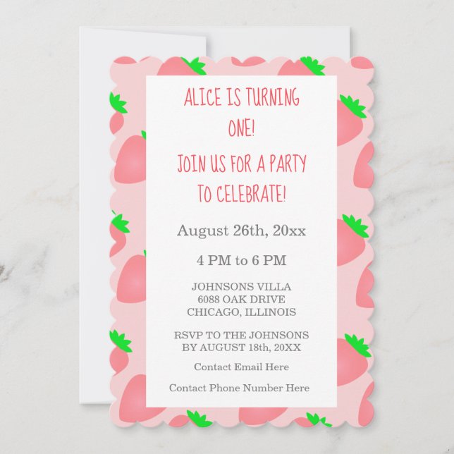 Invitation Premier 1er anniversaire fraise rose bébé fille Co (Devant)