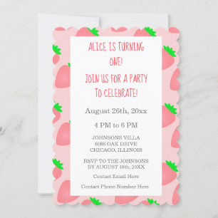 Invitation Premier 1er anniversaire fraise rose bébé fille Co