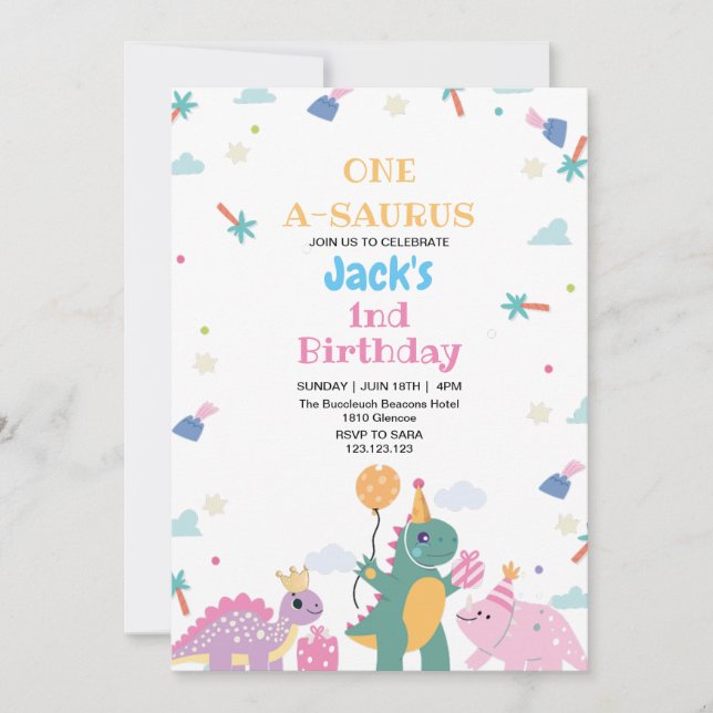 Invitation Premier 1er anniversaire Trois mignons dinosaures (Devant)