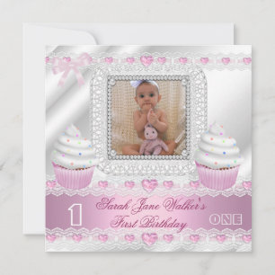 Invitation Premier Anniversaire 1ère Fille Blanc Cœurs Roses 