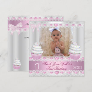 Invitation Premier anniversaire 1ère fille Cupcake blanc rose