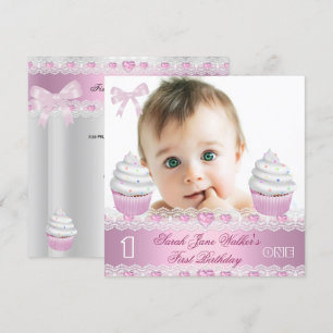 Invitation Premier anniversaire 1ère fille Cupcake blanc rose