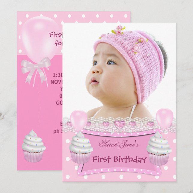 Invitation Premier anniversaire 1ère fille Cupcakes rose bébé (Devant / Derrière)