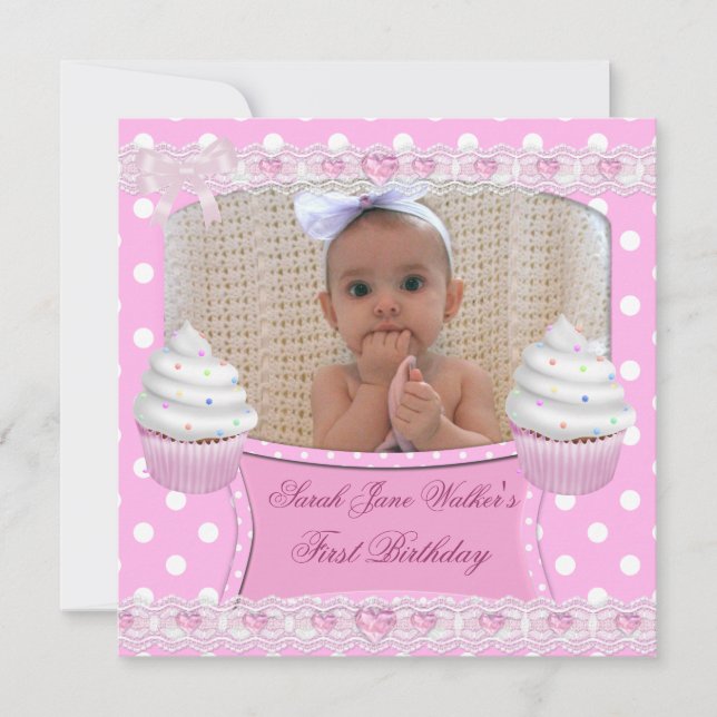 Invitation Premier Anniversaire 1ère Fille Cupcakes Rose Blan (Devant)