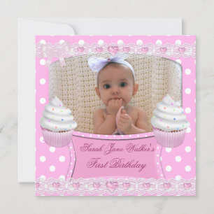 Invitation Premier Anniversaire 1ère Fille Cupcakes Rose Blan