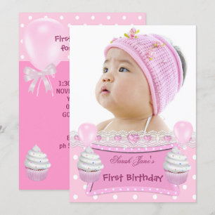 Invitation Premier Anniversaire 1ère Fille Gâteaux Rose Bébé