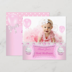 Invitation Premier anniversaire 1ère fille Pink Cupcakes Baby