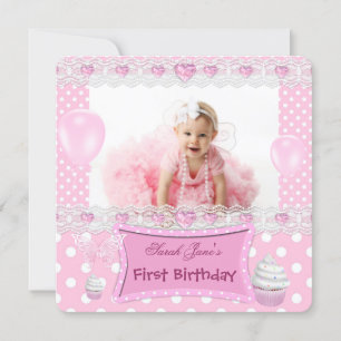 Invitation Premier Anniversaire 1ère Fille Pois de bébé rose