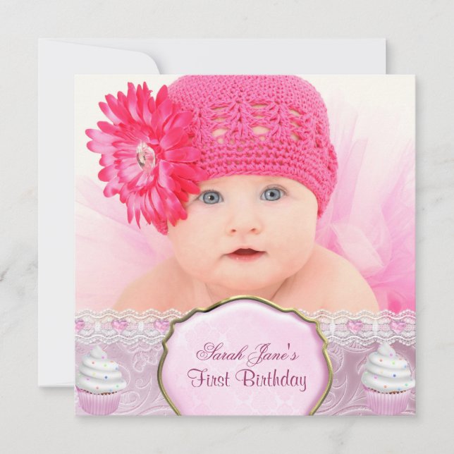 Invitation Premier Anniversaire 1ère Fille Pretty Pink Cupcak (Devant)