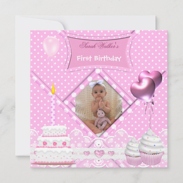 Invitation Premier Anniversaire 1ère Fille Spot Cupcake rose  (Devant)