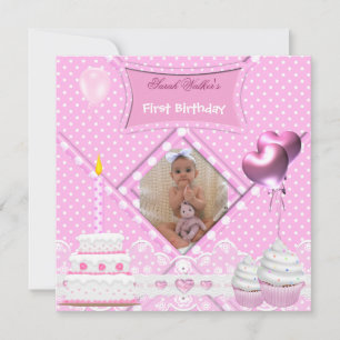 Invitation Premier Anniversaire 1ère Fille Spot Cupcake rose 