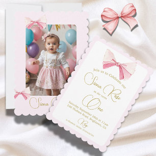Invitation Premier anniversaire aquarelle Bow photo mignonne 