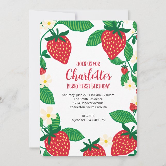 Invitation Premier anniversaire avec des fraises Whimsical (Devant)