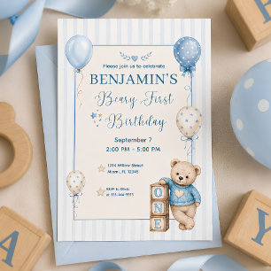 Invitation Premier anniversaire Beary Bleu Bébé Garçon 1er An
