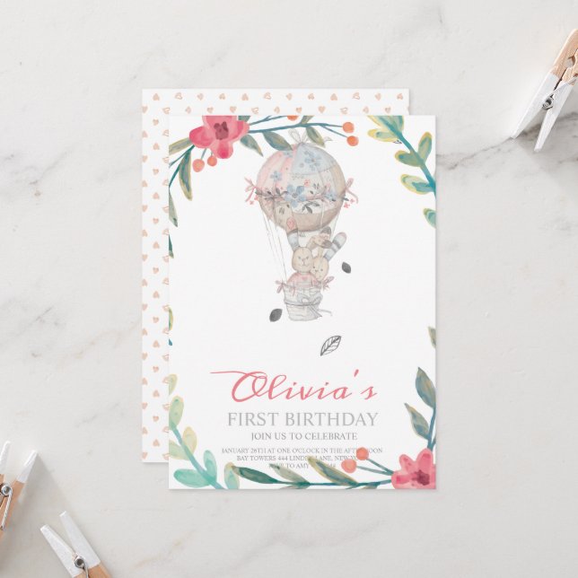 Invitation Premier anniversaire Boho Hot air ballon anniversa (Devant/Arrière en situation)