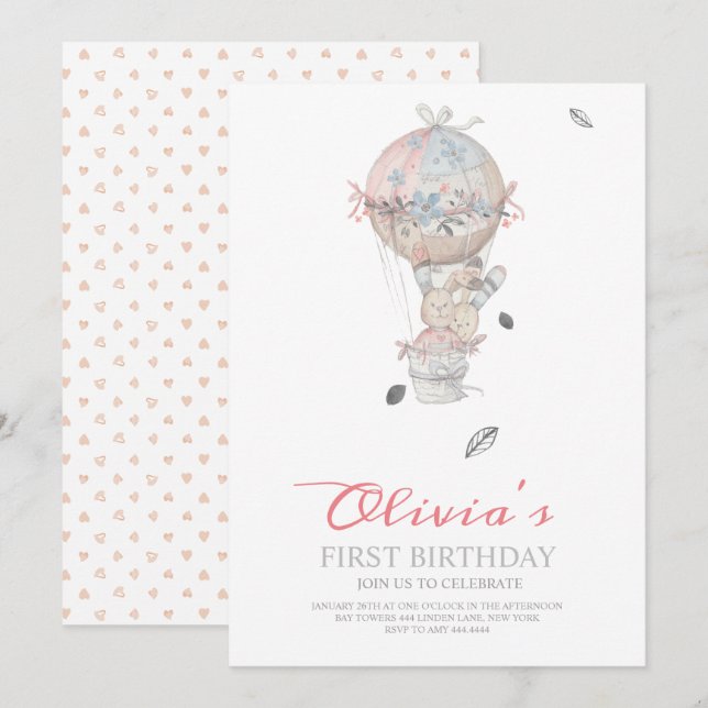 Invitation Premier anniversaire Boho Hot air ballon fête anni (Devant / Derrière)
