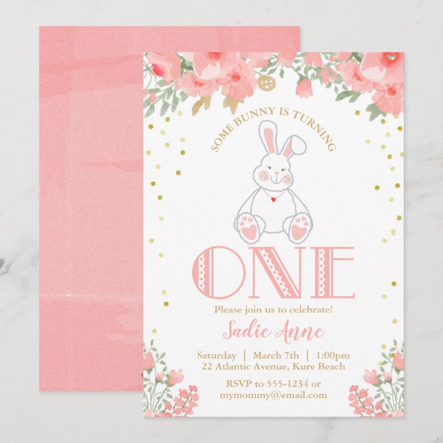 Invitation Premier anniversaire Bunny Anniversaire Blush Pink (Devant / Derrière)
