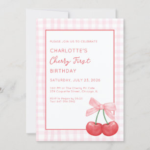 Invitation Premier anniversaire Cerise Gingham Rose Fille 