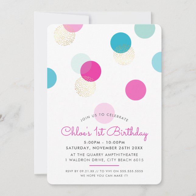 Invitation PREMIER ANNIVERSAIRE confettis taches rose menthe  (Devant)