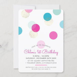 Invitation PREMIER ANNIVERSAIRE confettis taches rose menthe 
