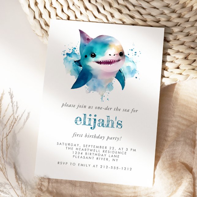 Invitation Premier Anniversaire Cute Blue Aquarelle requin (Créateur téléchargé)