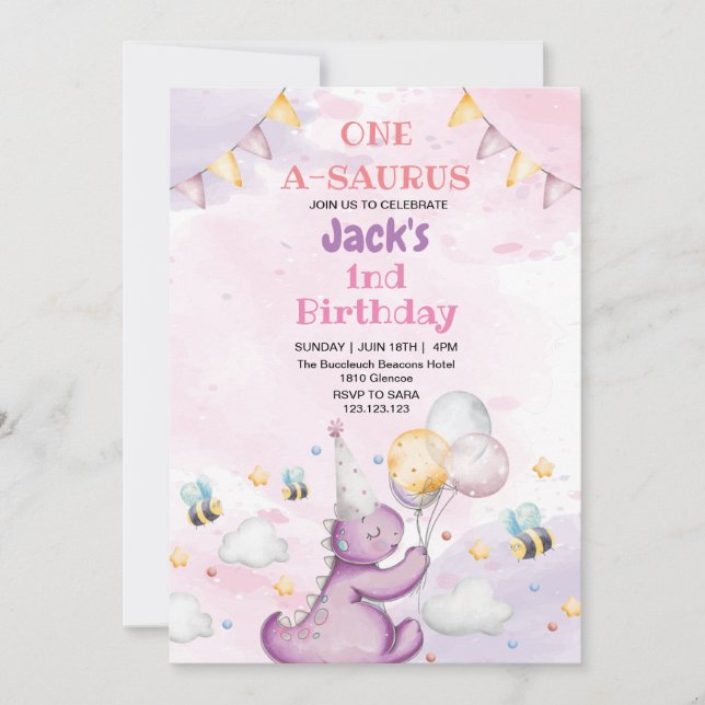 Invitation Premier Anniversaire Cute Dinosaur et abeille (Devant)