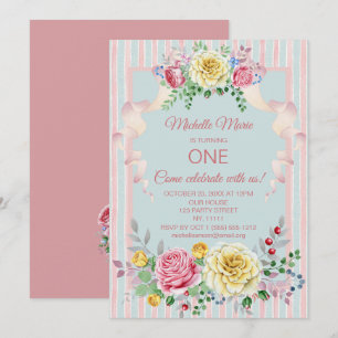 Invitation Premier anniversaire de bleu rose floral vintage