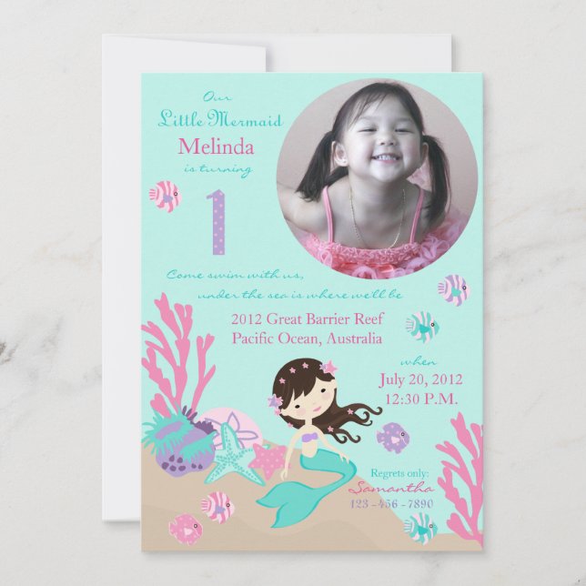Invitation Premier anniversaire de Brunette Mermaid (Devant)