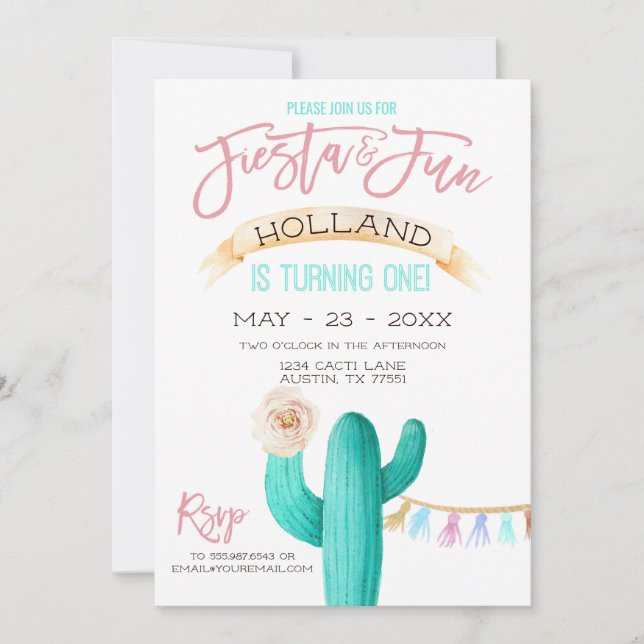Invitation Premier anniversaire de Cactus Aquarelle Mint Cora (Devant)