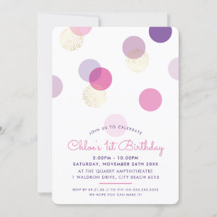 Invitation PREMIER ANNIVERSAIRE de confettis taches d'or rose