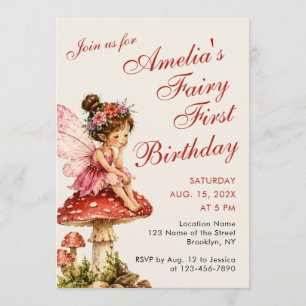 Invitation Premier anniversaire de fée Fille mignonne Écritur