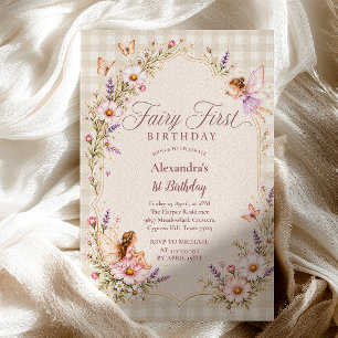 Invitation Premier anniversaire de fée Fleur sauvage Gingham